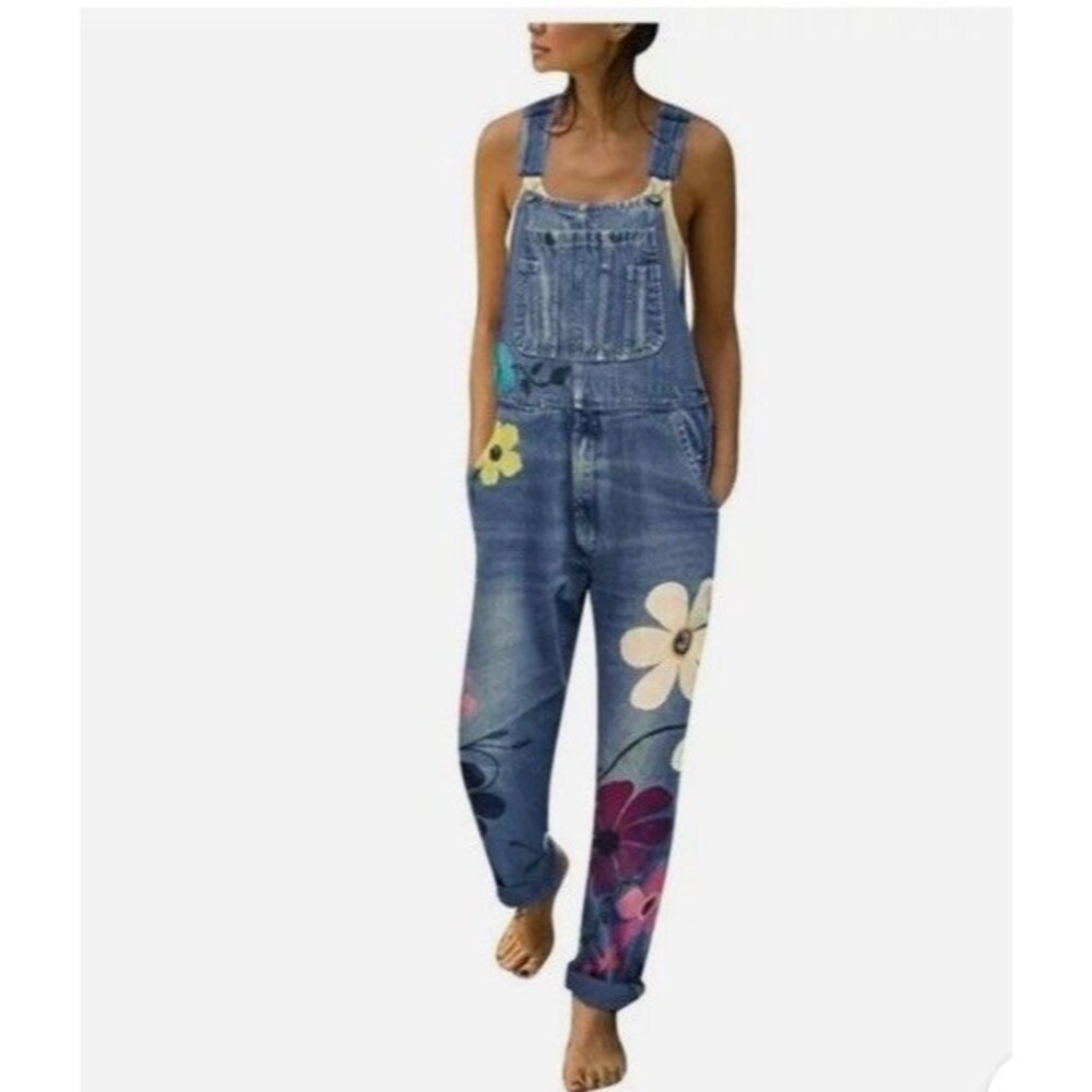 Misslook Painted Flower Hippie Boho Denim Bibs Overalls Jean Straight Leg M 32”
